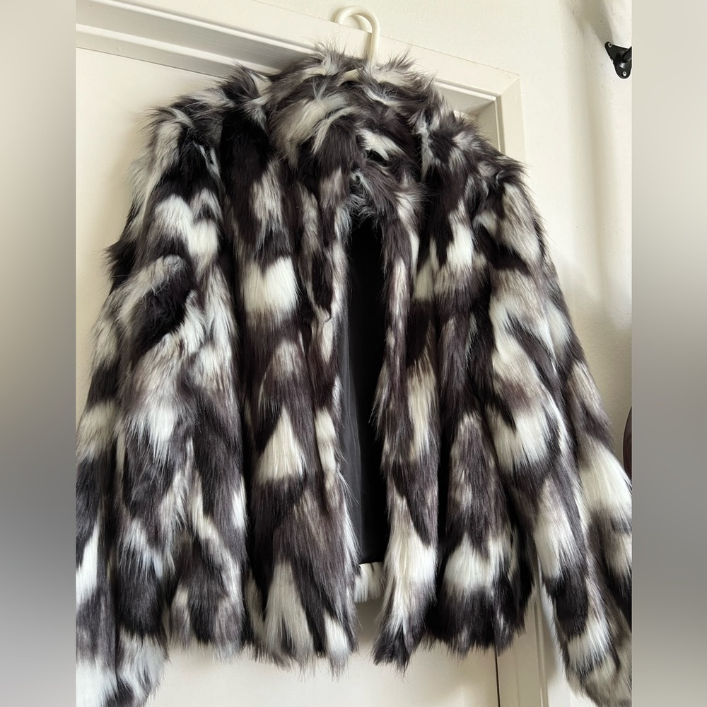 Black and white vegan fur coat